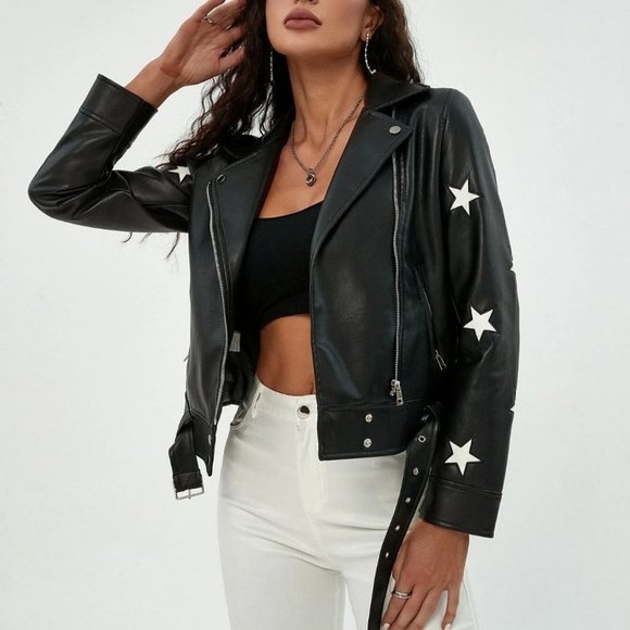 . Jackets & Blazers - Black Star Print Zip Up PU Leather Moto Jacket